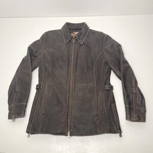 Vintage Harley Davidson Brown Leather Motorcycle Jacket Womens Medium Distressed